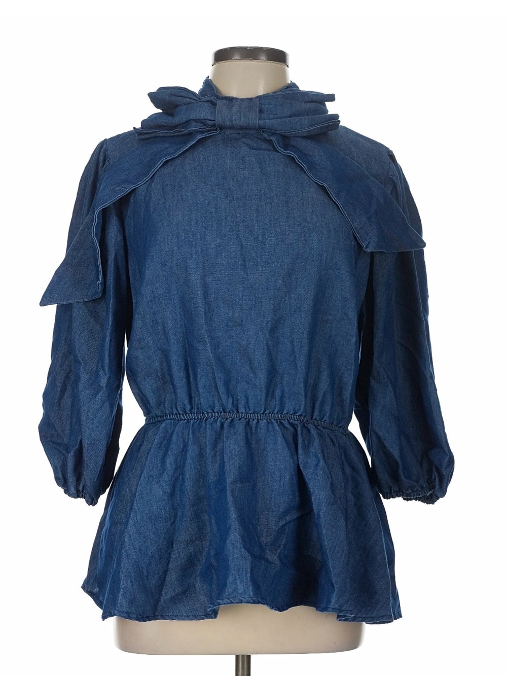 New York & Company Dark Blue Denim Peplum Jacket with Bow